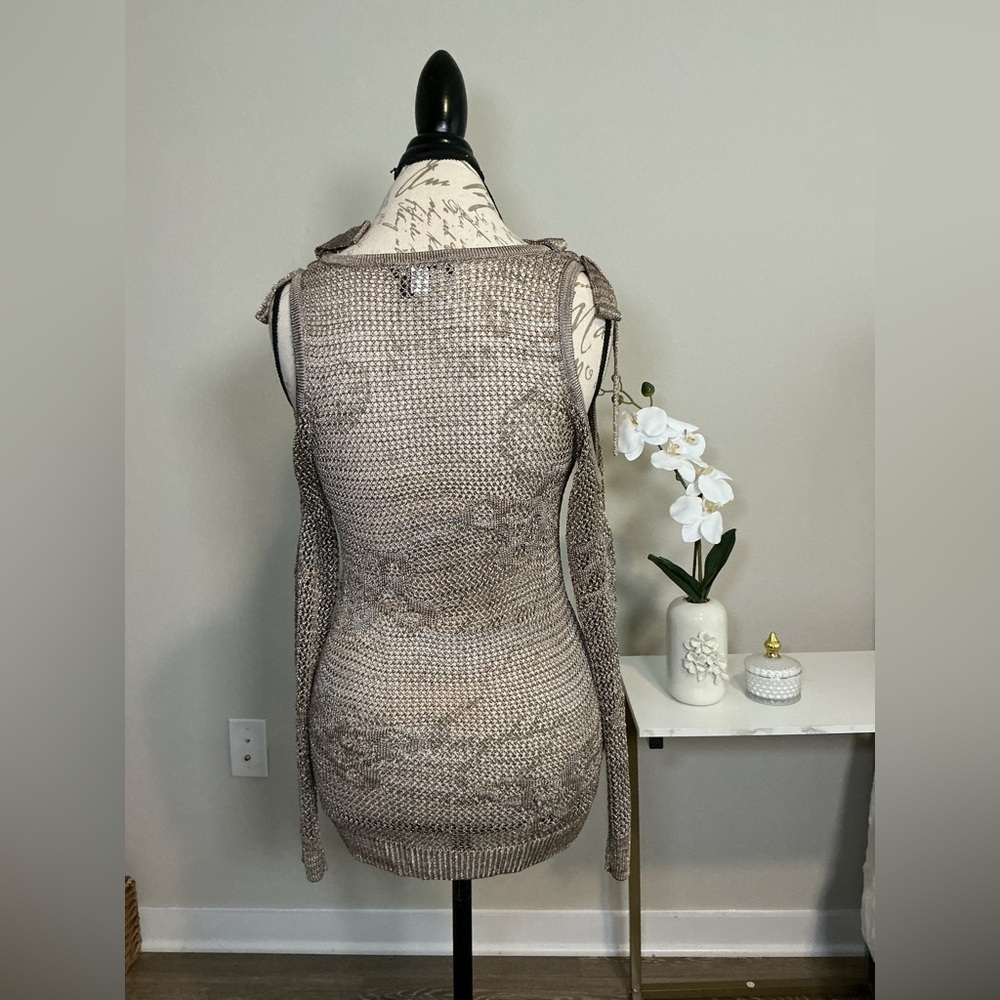 Brown and gold Knit cut out shoulders Sweater top - Picture 2 of 8